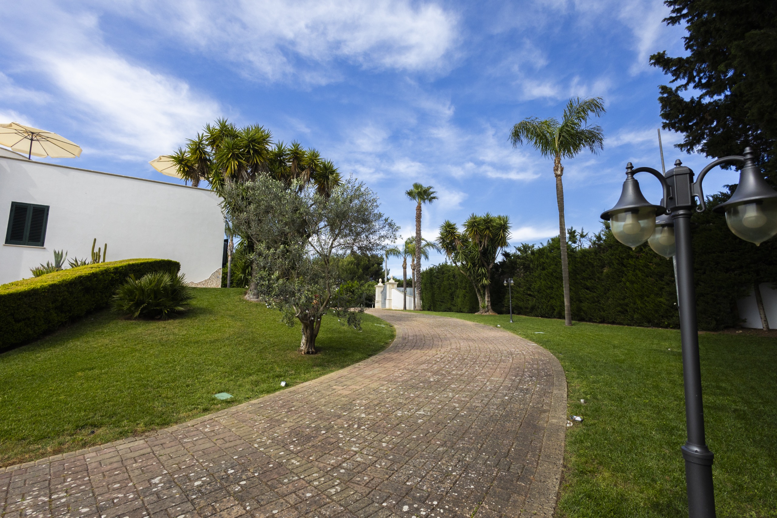 Giardino mediterraneo della villa con prato e facciata chiara